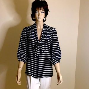 Annie Griffin navy white stripe silk top.